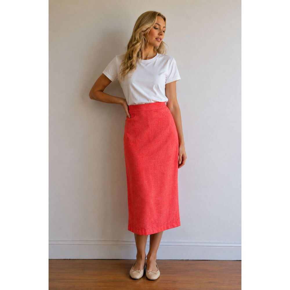 Vintage John Paul Richard Silk Linen Coral Pink Midi Skirt 1X Minimalist Y2K